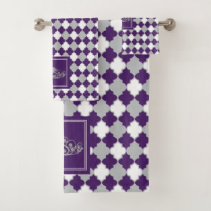 Crown with Plum Purple, Gray and White Quatrefoil Bath Towel Set