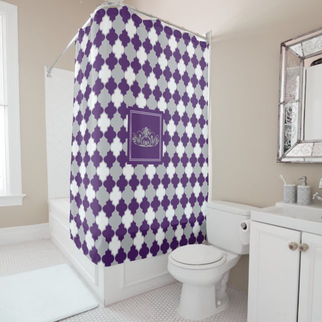 Crown with Plum Purple, Gray and White Quatrefoil Shower Curtain (In Situ)