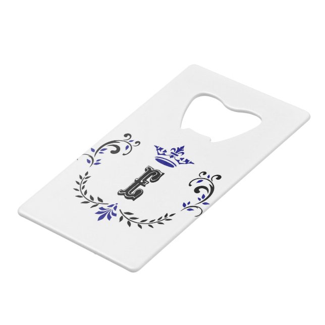Crown Wreath Monogram 'E' Credit Card Bottle Opener (Front Angled)