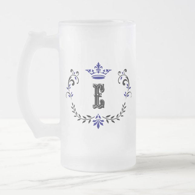 Crown Wreath Monogram 'E' Frosted Glass Beer Mug (Left)