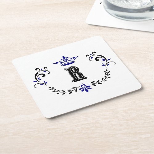 Crown Wreath Monogram R Square Paper Coaster