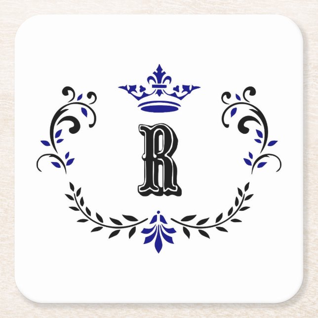 Crown Wreath Monogram 'R' Square Paper Coaster (Front)
