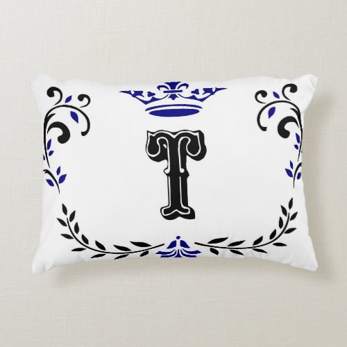 Crown Wreath Monogram T Decorative Pillow