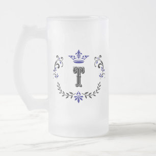 Crown Wreath Monogram 'T' Frosted Glass Beer Mug