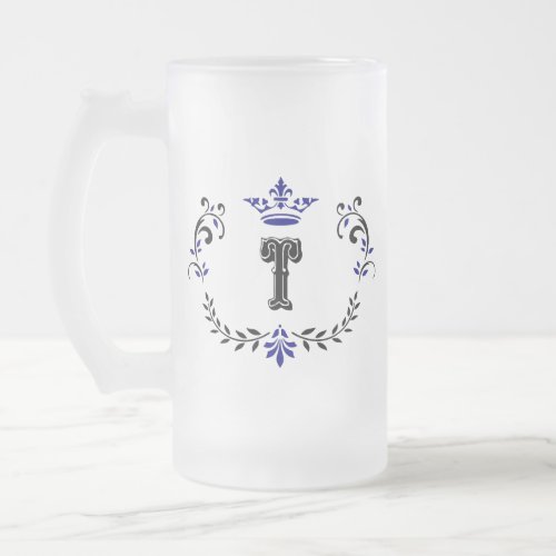 Crown Wreath Monogram T Frosted Glass Beer Mug