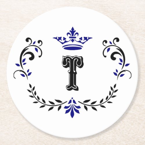 Crown Wreath Monogram T Round Paper Coaster