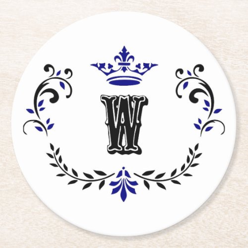 Crown Wreath Monogram W Round Paper Coaster