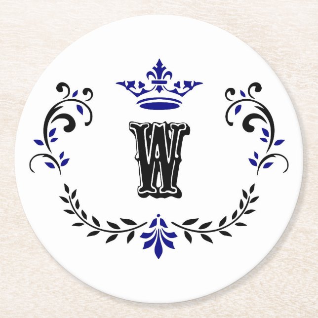Crown Wreath Monogram 'W' Round Paper Coaster (Front)