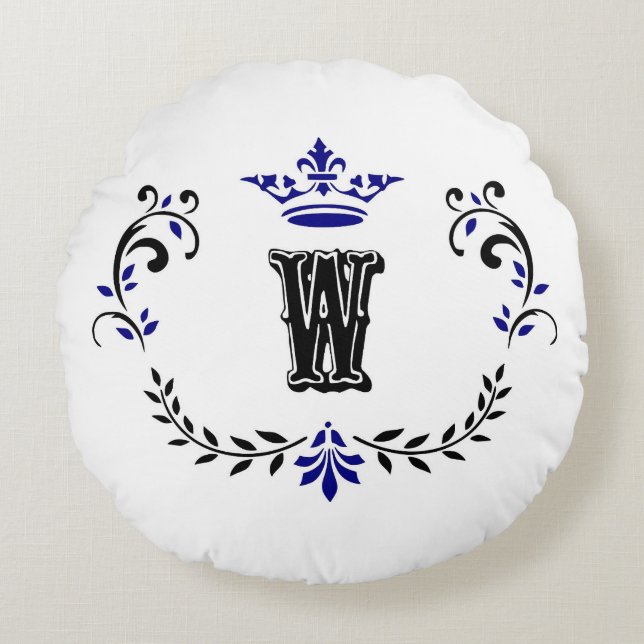 Crown Wreath Monogram 'W' Round Pillow (Front)