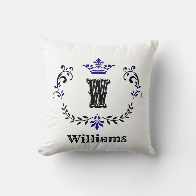 Crown Wreath Monogram 'W' Throw Pillow (Front)