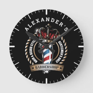 Crowned Barber Pole Logo Personalize Round Clock