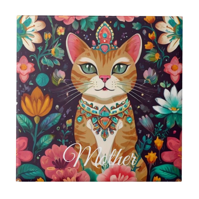 Crowned Bejewelled Cat  Ceramic Tile (Front)
