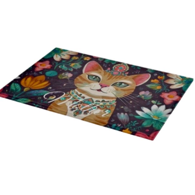 Crowned Bejewelled Cat Cutting Board (Glass Cutting Board – 5 different sizes. 100% food safe.  tempered glass Non-skid rubber feet. 
)