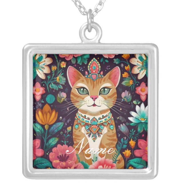 Crowned Bejewelled Cat  Silver Plated Necklace (Front)