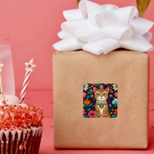 Crowned Bejewelled Cat Square Sticker