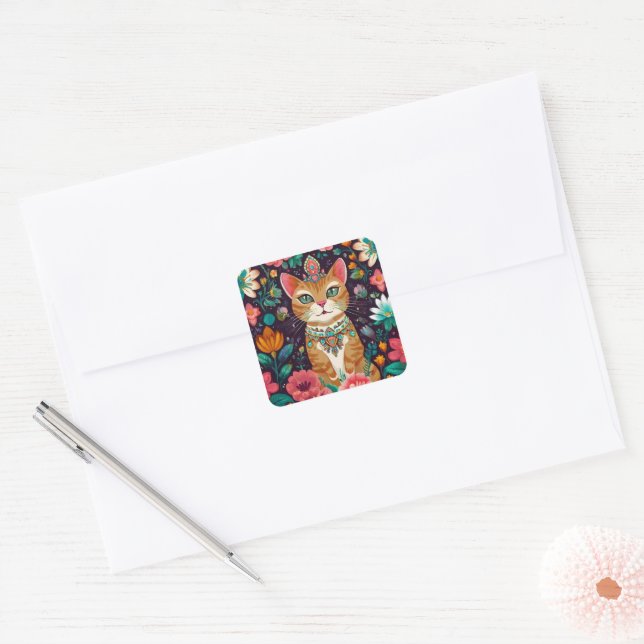 Crowned Bejewelled Cat  Square Sticker (Envelope)