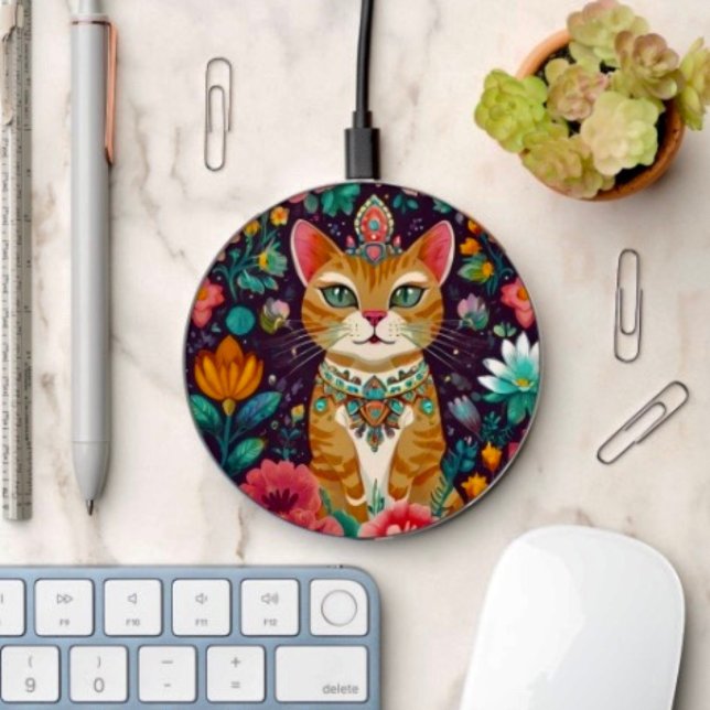 Crowned Bejewelled Cat  Wireless Charger (Phone charger 3.94" D, 0.314" H  48" Micro-B USB to USB-A cable 10W output. 
)