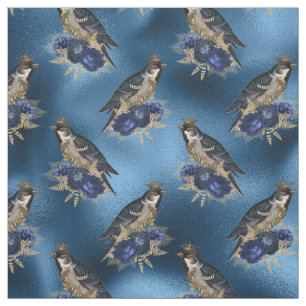 Crowned Birds with Flowers on Blue Fabric