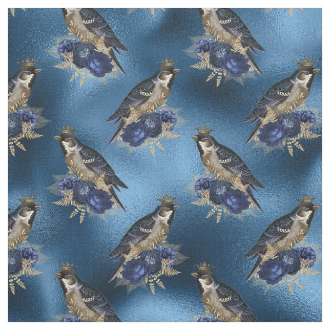 Crowned Birds with Flowers on Blue Fabric (Swatch)