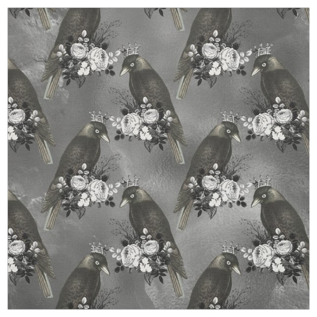 Crowned Black Birds and White Flowers on Grey Fabric (Swatch)