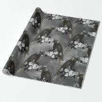 Crowned Black Birds and White Flowers on Grey Wrapping Paper
