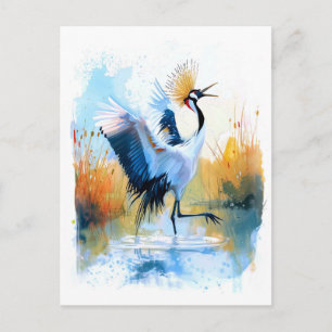 Crowned Crane Dancing in Water Holiday Postcard