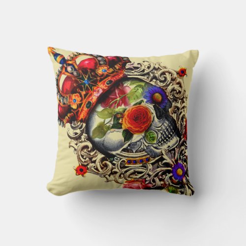Crowned Floral Skull Throw Pillow