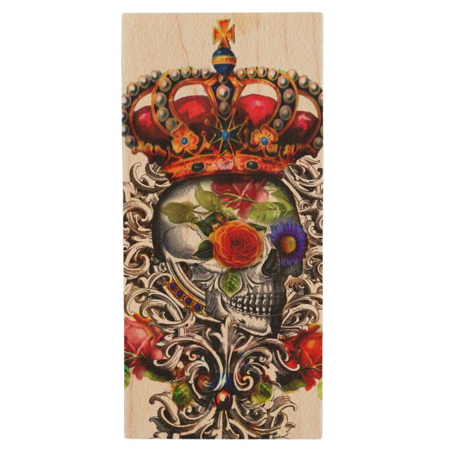 Crowned Floral Skull Wood Flash Drive (Front Vertical)