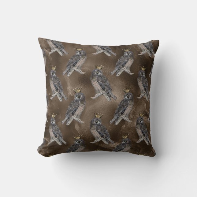 Crowned Grey Owls on Brown Throw Pillow (Front)