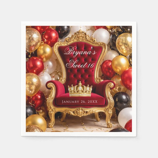 Crowned in Gold Royal Chair Birthday Party Napkins (Front)