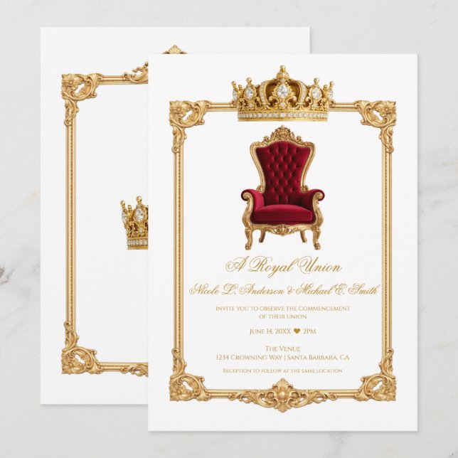 Crowned in Gold Royal Chair & Crown Wedding Invitation (Front/Back)