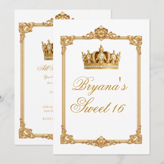 Crowned in Gold Royal Crown Birthday Party Invitation (Front/Back)
