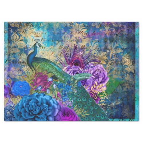 Crowned Peacock on Blue Purple Floral Decoupage Tissue Paper