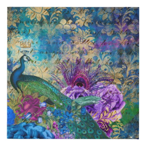 Crowned Peacock on Blue Purple Floral Faux Canvas Print