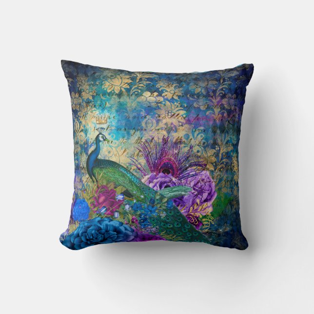 Crowned Peacock on Blue Purple Floral Throw Pillow (Front)