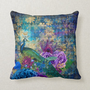 Crowned Peacock on Blue Purple Floral Throw Pillow