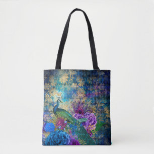 Crowned Peacock on Blue Purple Floral Tote Bag