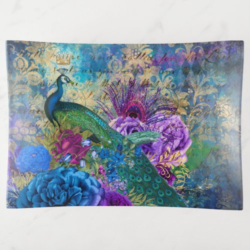 Crowned Peacock on Blue Purple Floral Trinket Tray