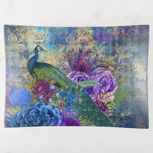 Crowned Peacock on Blue Purple Floral Trinket Tray (Front)