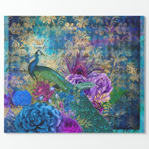 Crowned Peacock on Blue Purple Floral Wrapping Paper