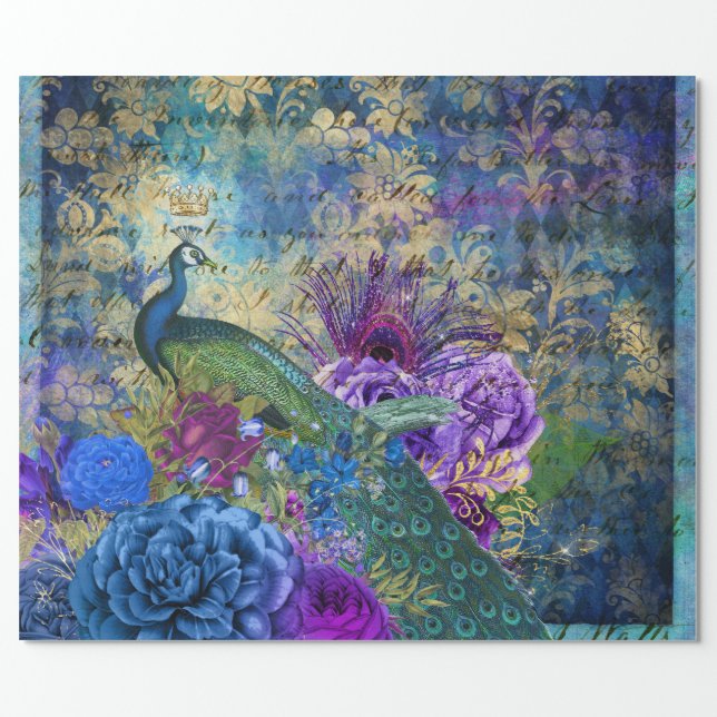 Crowned Peacock on Blue Purple Floral Wrapping Paper (Flat)