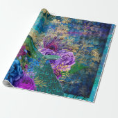 Crowned Peacock on Blue Purple Floral Wrapping Paper (Unrolled)