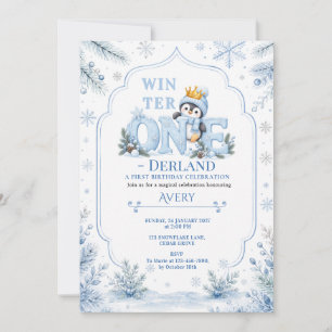 Crowned Penguin Winter ONEderland First Birthday  Invitation