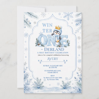 Crowned Penguin Winter ONEderland First Birthday Invitation