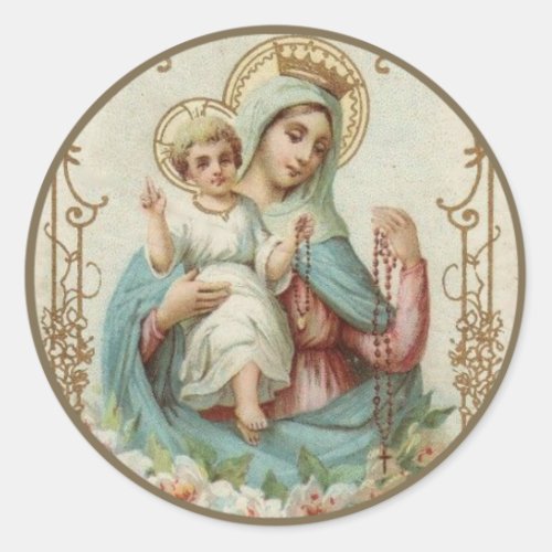 Crowned Queen of Heaven Infant Jesus w Rosary Classic Round Sticker