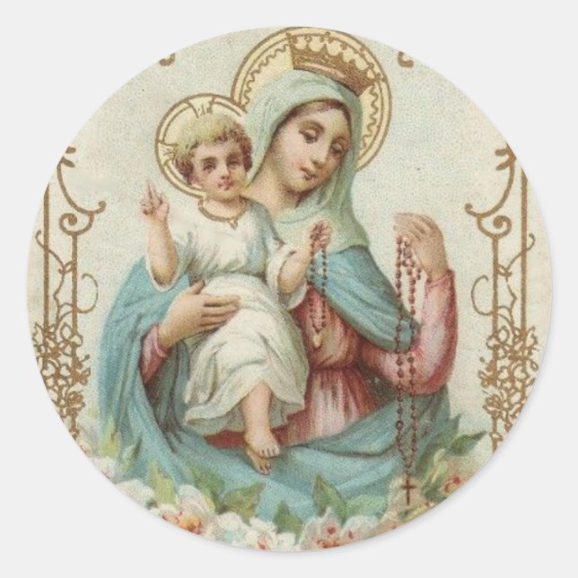 Crowned Queen of Heaven Infant Jesus w Rosary Classic Round Sticker (Front)