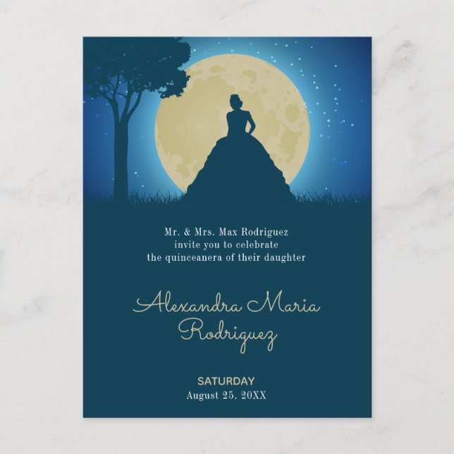 Crowned Silhouette with Moon Quinceanera Invitation Postcard (Front)