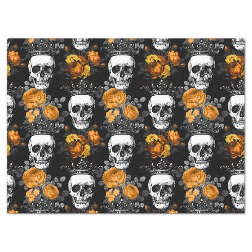 Crowned Skulls with Orange Roses Decoupage Tissue Paper
