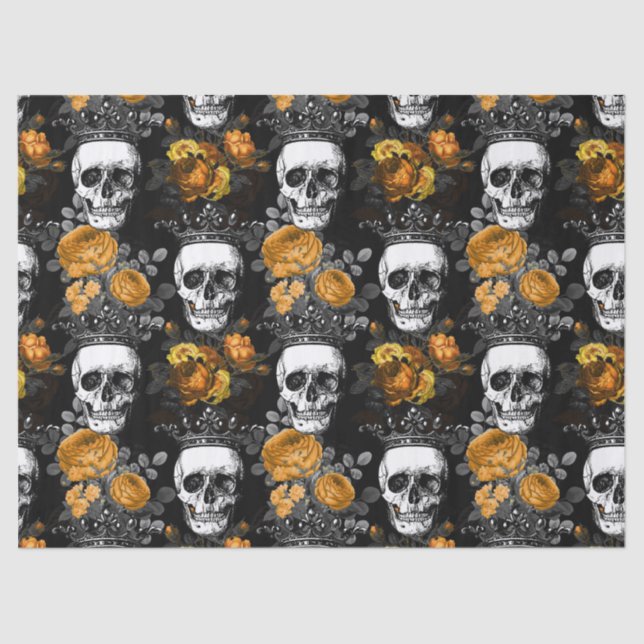 Crowned Skulls with Orange Roses Decoupage Tissue Paper (Front)
