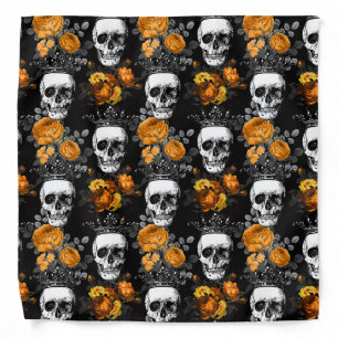 Crowned Skulls with Orange Roses on Black Bandana